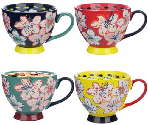 Juego de 4 tazas de cerámica hechas a mano con diseño floral en relieve, tazas grandes para café con leche, capuchino, cereales y chocolate caliente