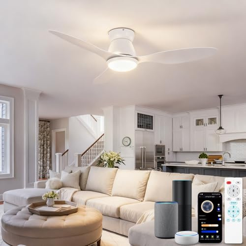 42 Inch Smart Ceiling Fan with Lights, Works with Alexa, Modern White Low Profile Ceiling Fan with Dimmable LED, Quiet Reversible DC Motor, Remote & App Control for Bedroom, Living Room, Kitchen