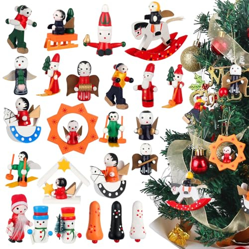Mineup 24 Pcs Wunderschöner Holz Baumbehang, Weihnachten Holzanhänger Set Handbemalt, Weihnachtsbaumschmuck Aus Holz, Baumanhänger Christbaumschmuck, Baumschmuck Weihnachten Deko Anhänger
