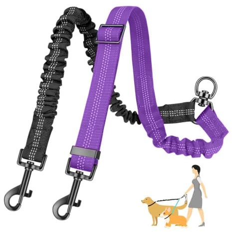 OUDQFCJ Laisse pour 2 chiens, double réglable, sans enchevêtrement, 360° rotative, réfléchissante, d'entraînement, double pour petits, moyens et grands chiens (Noir+Violet)