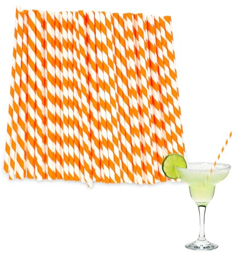 DOPENSPI 100PCS Orange and White Striped Paper Straws, 7.76in Orange Straws Disposable Drinking Straw Decor for Bridal Shower New Year Birthday Party Decoration
