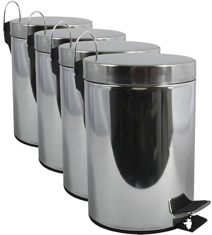 MSV - Poubelle Cosmétique Salle de Bain - Acier Inoxydable avec Seau Intérieur Amovible - Poubelle à Pédale Élégante - Compacte et Pratique - Argent - 3L (Lot de 4)