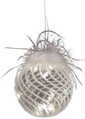 LED Hänger Kugel aus Glas mit Timer Winterdeko mit Federn - Stimmungslicht mit Batteriebox - Hängedekoration beleuchtet für Weihnachten, Fenster & Festliche Winterzeit (12 cm)