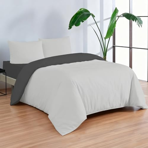 Etrexonline Juego de Funda Nórdica Lisa Reversible Bicolor 3 Piezas Cama 90 Microfibra Transpirable – Funda Edredón 150 x 220 cm, Bajera 90 x 200 + 30 cm, Almohada 50 x 90 cm (Gris y Gris Osculo)