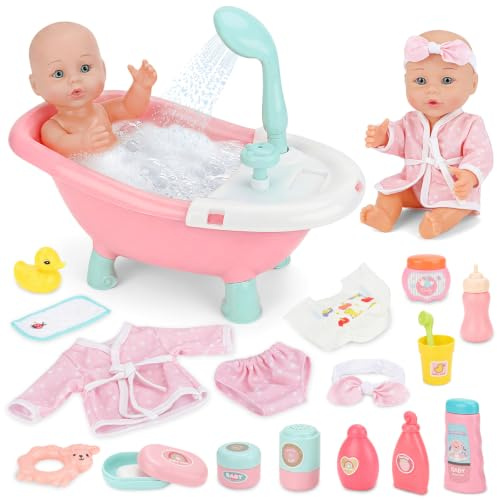 deAO Baignoire Bain Poupee avec 30cm Poupon Peignoir et Accessoires De Bain