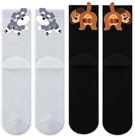 ZOMKIFA Calcetines Perro Divertidos Set 2 Pares 3D Huevos de Perro Schnauzer Teckel Calcetines Gris Negro Algodón Talla Única Regalo Amantes Perros