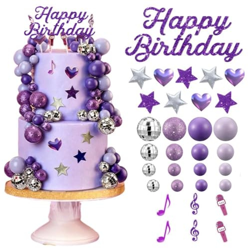 32pcs Birthday Cake Topper Set - Purple Disco Ball Cake Topper Set with Glitter Stars, Hearts & Musical Note Cupcake Inserts for Fan Parties | Retro Cakes Decor for Anniversary, Baby Shower & Wedding