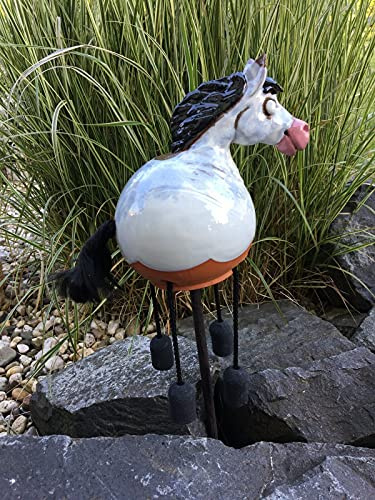 villa-lilla Keramik Pferd weiß Gartenkugel Handarbeit Gartenstecker Beetstecker Garten Figur