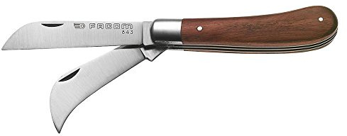FACOM - Couteau d'Électricien Pliant avec Manche en Bois - 843 - 2 Lames en Acier Inoxydable Poli - Robuste et durable - Longueur Fermé 100 mm - Outillage de Poche