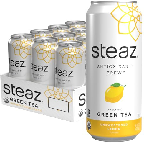 Steaz - Organic Green Tea - Unsweetened Lemon (12 Pack) - Antioxidant Brew - 65mg Natural Caffeine, Zero Sugar, 0 Calories, Vitamin C - Unsweetened Iced Tea - Vegan - 12 Cans, 16 fl oz (473mL)