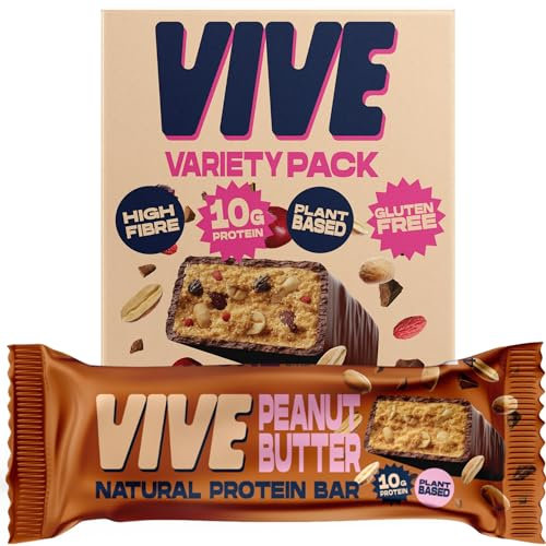 Vive Vegan Protein Bars Variety Pack – Dark Chocolate Coated Salted Caramel, Peanut Butter & Hazelnut – High Fibre Snacks, 12 Pack