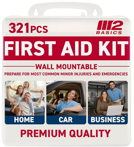 M2 BASICS 321 Piece First Aid Kit, Hard Case Emergency Medical Kit with Supplies for Home, Car, School, Office, Workplace