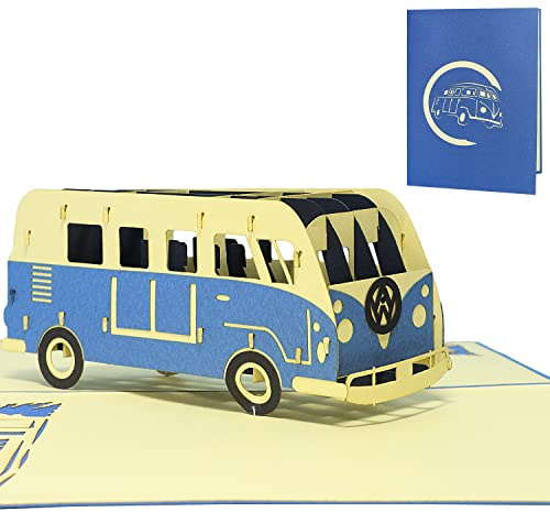 LINPOPUP®, Pop Up Karte, Bus, Pop Up Geburtstagskarte, 3D Grußkarten Auto, Bus Grußkarte, Geburtstagskarten, Gutschein Urlaub, Bus, blau, N333