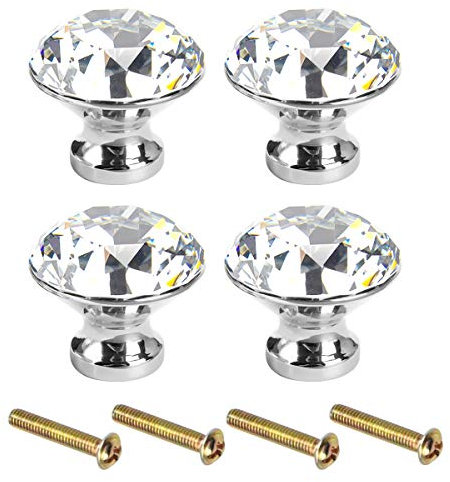Fodlon Boutons de Meuble Cristal 4pcs Poignée Meuble Cuisine Vintage Bouton de Porte Diamant 3cm de Diameter Poignée Meuble Enfant Armoire Tiroir Cabinet Coiffeuse, avec 4 Vis