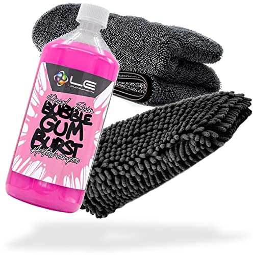 detailmate Auto Wasch- und Trockenset: Liquid Elements Pearl Rain Bubble Gum 1L + Chenille Waschhandschuh + Trockentuch 1000 GSM - Für die ideale Autowäsche