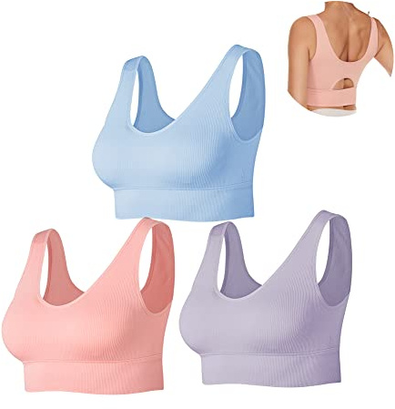SEGRILA Sujetador Deportivo para Mujer, Acanalado, sin Costuras, Soporte Medio, para Entrenamiento, Yoga, con Almohadillas extraíbles,Rosa, Morado Y Azul.S