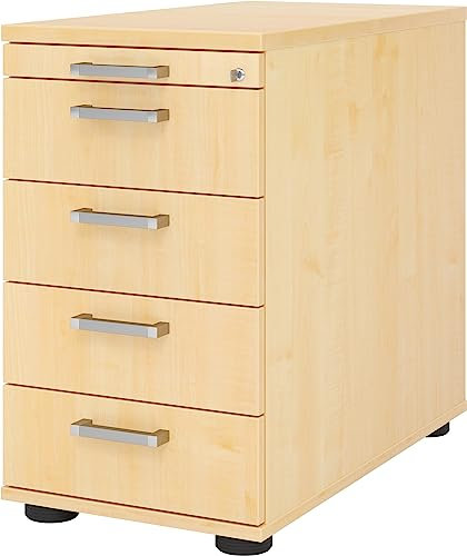 bümö Schreibtisch Schrank abschließbar, Schubladenschrank Holz in Ahorn, Container mit Schubladen - Schubladen Schrank Büro, Schreibtisch Container od. Schreibtisch Kommode mit Chromgriffe