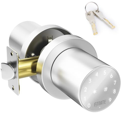FITNATE Tastatur Türknopf, digitales Türschloss mit Touchscreen für schlüssellosen Zugang, elektronisches Türschloss mit Ersatzschlüsseln,15 Benutzer-Passcode,Silber