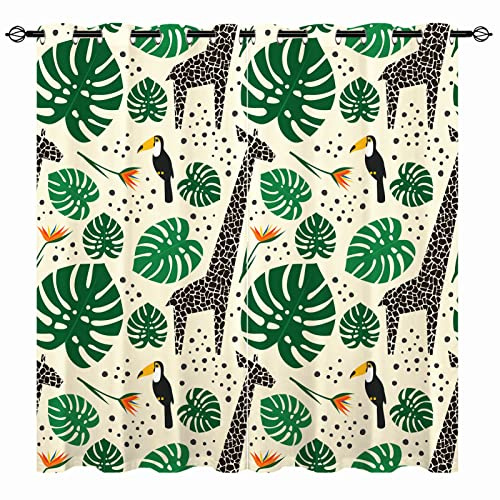 YUANZU Giraffen Vorhänge Tukan Dschungel Safari Tier Ösen Gardinen mit Blickdichte Thermo Vorhang Kälteschutz Blackout Curtain Kinderzimmer Schlafzimmer Verdunkelung Fenster, 2 Stück, H 160 x B 132 cm