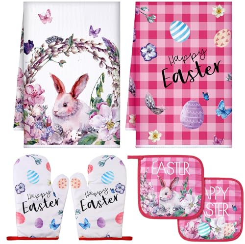Bencailor 6 Count Easter Bunny Eggs Flowers Kitchen Towel Pot Holder Oven Mitt Set 2 Floral Dish Towel 2 Heat Resistant Cooking Glove 2 Pan Plate Bowl Pads for Spring Holiday (Pink,Buffalo Plaid)