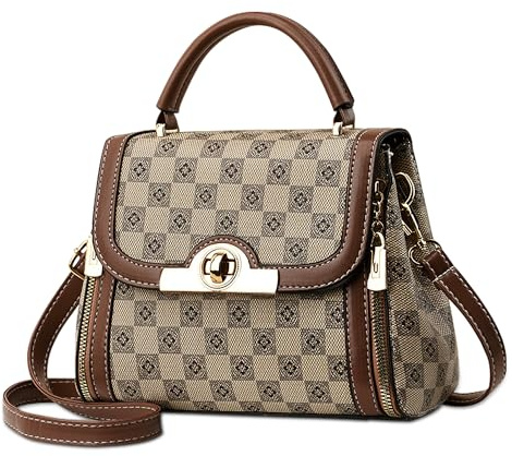 SODOLLEE Bolso Mujer Moda Bolso de Mano Bolso Bandolera Elegante Cuero PU Bolso de Hombro con Asa Superior para Trabajar Citas Uso Diario Enrejado Caqui