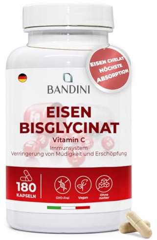 Bandini® Eisen-Bisglycinat | 180 VEGAN Eisentabletten | 80 mg natürliches Vitamin C aus Acerola + 80 mg Eisen-Bisglycinat | hoch bioverfügbar | 1 Kapsel/Tag für 6 Monate Versorgung