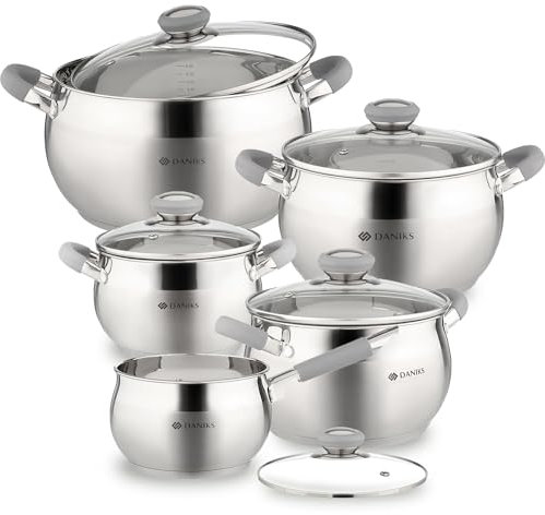 Daniks Modern Batterie de Cuisine INOX, 10 Pièces, Marmite avec Couvercles en Verre 16/18/20/24 cm, Casserole, Tous Feux Dont Induction, Échelle de Mesure, Poignées en Silicone, Argent