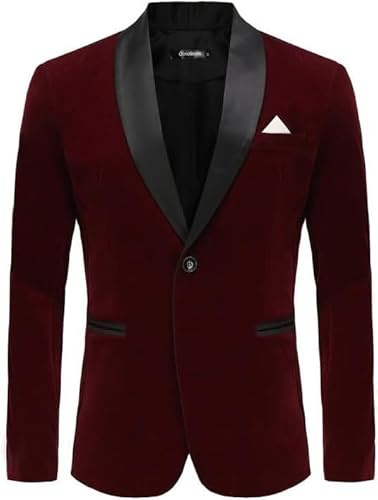 Blazer en velours pour homme avec revers à un seul bouton, Rouge, S