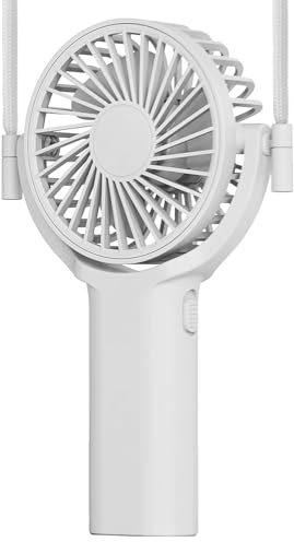 Stock Líder-Mini Ventilador de Mano Para Cuello, Ventilador Portátil Recargable con Cuerda Cabeza Giro 90, 4-12H de Funcionamiento Ideal para al Hogar, Oficina, Viajes, Picnic (Blanco)