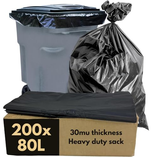 Clearly Rubble Sacks Heavy Duty, 30 Micron Strong Black Bin Bags for Wheelie Bins, Pack of 200, 80L Bin Liners Bin Bags for Compost, Rubbish and More, Large Recyclable Rubbish Bags