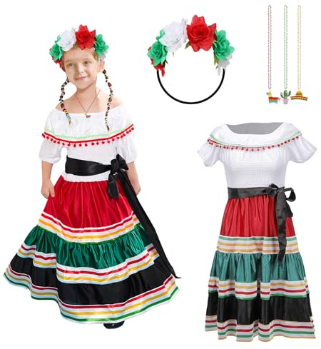 AENEY Costume messicano da ragazza, 3 pezzi, vestito Senorita per feste in maschera di Halloween (taglia L)