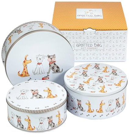SPOTTED DOG GIFT COMPANY Set di 3 Scatole di Latta, Contenitori Impilabili per Biscotti in Metallo, Barattoli di Latta Rotondi Ermetici per Conservare Torte e Alimenti, Piccoli Medi Grandi - Cani