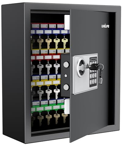 Uniclife Schlüsselschrank mit 70 Positionen und Zahlenschloss, Wandmontage, Sicherheitsschlüssel, Organizer, zurücksetzbar, schwarz, digital, mit Tastaturschloss, verstellbare Racks, bunte