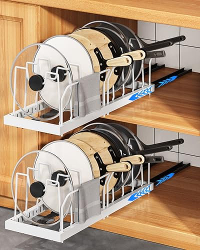 UMDONX 2 Pack Expandable Pull Out Pot and Pan Organiser Cupboard Storage Rack, Adhesive Kitchen Plate Drawer, Cabinet Stand Holder with 10 Adjustable Dividers(Durable Metal White)