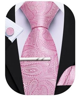 Barry.Wang Paisley-Krawatte mit Krawattenklammer für Herren, Seidenkrawatte, Einstecktuch, Manschettenknöpfe, Set, formelle Hochzeit, Party, Business, rose, Einheitsgröße