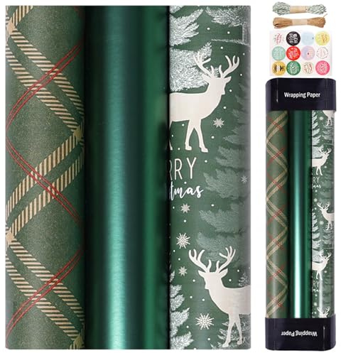 Julomslagspapper, 3 st julomslagspapper rullar 43 x 300 cm kraftpapper jul omslagspapper med randiga rutiga mönster skärbart gör-det-själv julpapper för presentförpackning, julpapper