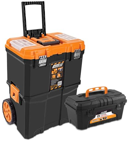 Tool Lab Mobile Rolling Tool Box Kit - 2-Tier Stacking with Pull-Along Handle, Metal Latches, Rugged Wheels, and 12 Tool Box For Workshop, Home and Work - Durable and Portable Storage Solution Orange