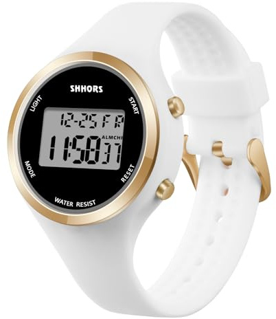 OFFCUP Damklocka, Digital Armbandsur Larm Väckarklocka Nattdisplay LED-ljus Kronometer Kvinnor Kalender Med Silikonband Casual Eller Sportaktiviteter, Vit, rem