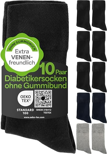 HELDENWERK Diabetikerstrumpor för män och kvinnor 10 par | Diabetikerstrumpor utan elastiskt midjeband och sömmar av 97 % bomull | Extra breda hälsostrumpor med komfortlinning, 39-42 EU