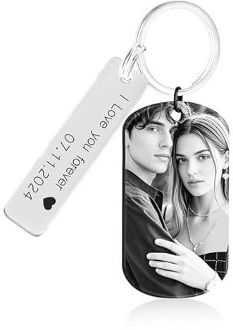 Rainsar Porte Clef Personnalisable,Porte Clé Photo Personnalisé,Porte Cles Personnalisée avec Texte,Porte Clefs Gravé en Acier Inoxydable Cadeau Original Saint Valentin pour Couples Homme Femme