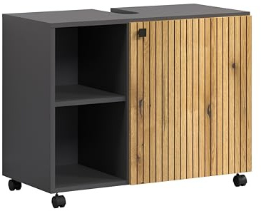 trendteam smart living - PureBliss - Armario para Debajo del Lavabo con Ruedas - Antracita/Evoke Roble - Aspecto Acanalado - 2 Compartimentos Abiertos + 1 Estante - 80 x 64 x 42 cm - Asas de Metal | 80 x 64 x 42 cm (ancho x alto x profundidad), apto para ambientes húmedos, asas de metal, 1 puerta, 2 compartimentos abiertos