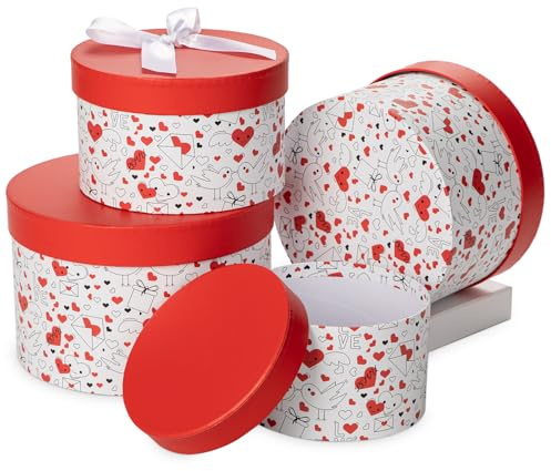 Briful Runde Geschenkboxen mit Deckel – 4er Set Stapelbare Rot & Weiß Geschenkboxen aus Karton für Hochzeit, Geburtstag, Weihnachten & Valentinstag Mutterstag – Geschenkverpackung