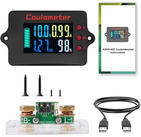 100A Contrôleur de batterie 12V 24V 36V 48V Moniteur de batteria 8-120V Battery Ampèremètre universel de tension de battery au lithium Courant en cuivre pur + 2m de câble USB (écran couleur)