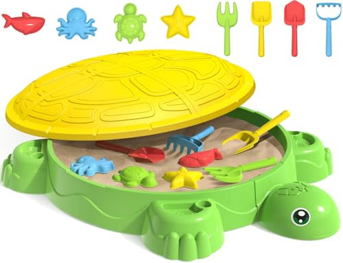Schildkröten Sandkasten mit Deckel,Sandboxen mit 8PCS Sandformen und Schaufeln Kinder im Freien Sand Aktivität Sensorisches Spielset Sandspielzeug für Hinterhof Strand Sommergeschenk für Kinder 2 3 4