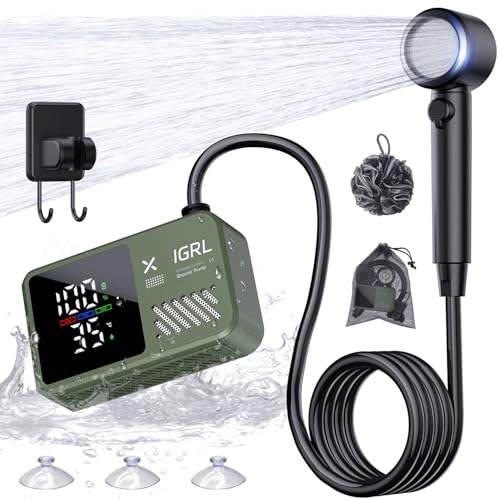 IGRL Portable Shower for Camping, Powerful 10L/Min Water Flow, Rechargeable Shower Pump with Bath Sponge, 4 Spray Modes, IPX8 Waterproof, 7800mAh Battery, Ideal for Hiking, Travel, Car Wash, Pet