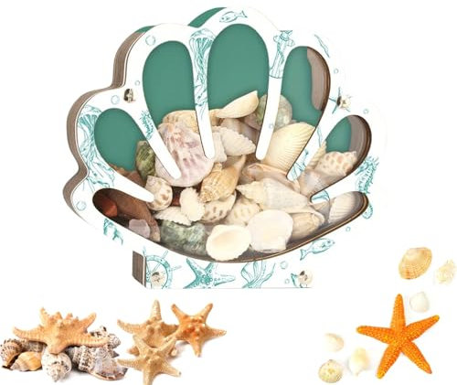 Vitrina de conchas, caja de almacenamiento de conchas, caja de exhibición de madera con panel frontal de acrílico transparente, portátil y ligero, soporte decorativo para colecciones de playa para