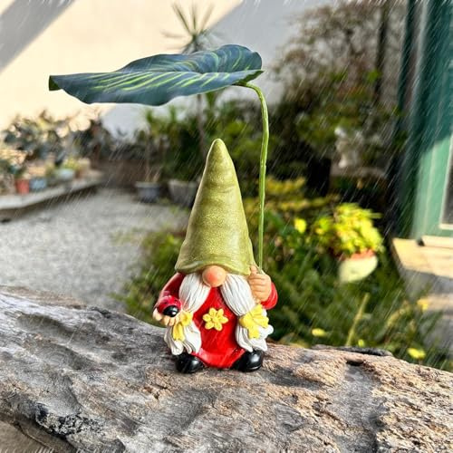 Garden Female Gnome Statue Decoration with Leaf Umbrella, 6.5” Figurine Ornament for Indoor Outdoor Home Patio Yard Lawn, for Gnome Lovers & Garden Enthusiasts，Mom，Women (Green Female)