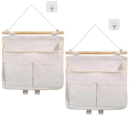 Jonlitze 2 Stück Hängeorganizer, Hängeaufbewahrung 3 Fächer, Hohe Kapazität Hängeaufbewahrung mit 2 Haken,Faltbares Leinen Wand Organizer Hängend für Zuhause, Büro, Schlafsaal, Bad 25 x 27 cm Weiß