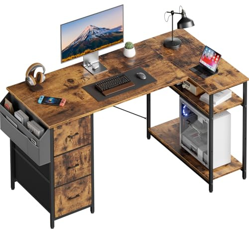 HLONONE Eckschreibtisch mit 3 Stoffschubladen, 140 x 78 cm Computertisch mit Stauraum, Schreibtisch L Form mit Seitentasche, PC Tisch mit Ablagefächer für Büro, Gaming und Home Office, Vintagebraun