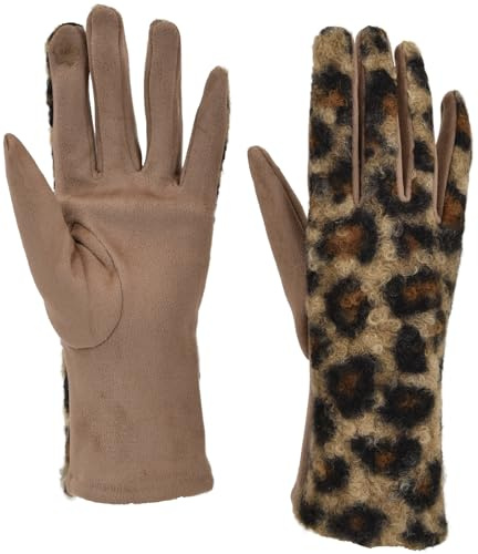 styleBREAKER Damen Touch Handschuhe Leo Muster | Leitfähige Fasern am Zeigefinger für Displays, weicher Teddyplüsch, 18-21 cm Handumfang, wärmendes Futter.